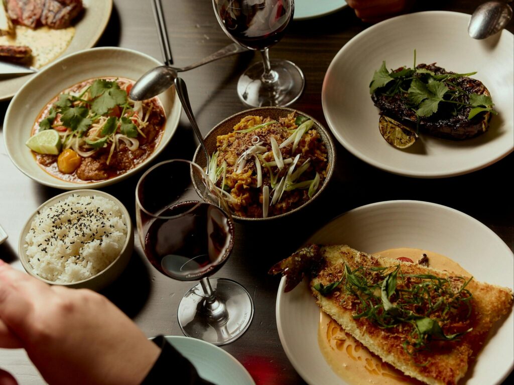 Food and wine on a dining table